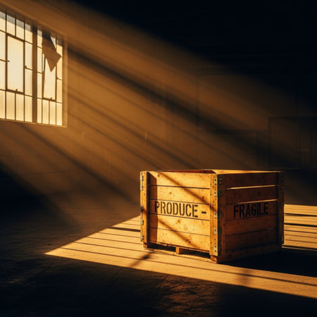 Wooden crate in dark room with sunlight. 3D Renderingの素材