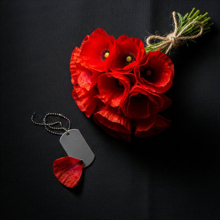Red poppies on a black background with a heart shaped tagの素材