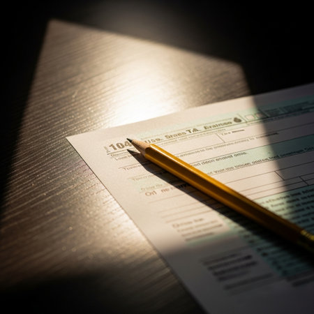 Pencil on tax form with shadow on table. Selective focus.の素材