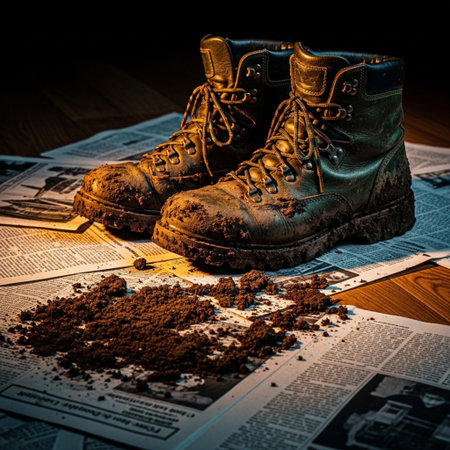 Pair of old military boots on a newspaper background. Toned.の素材
