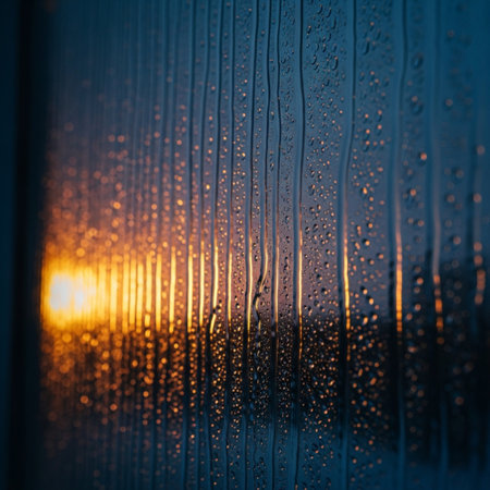 Beautiful view of the sunset through the window with raindrops.の素材