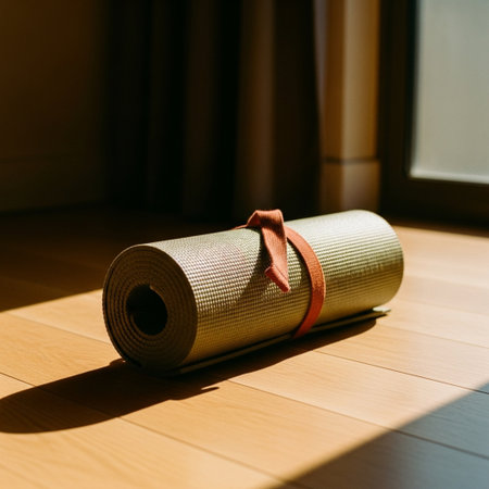 Yoga mat on the floor in a room with sunlight and shadowの素材