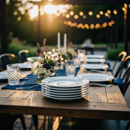 Table set for wedding or another catered event dinner in a restaurantの素材