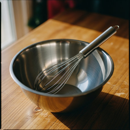 Stainless steel whisk in a metal bowl on a wooden tableの素材