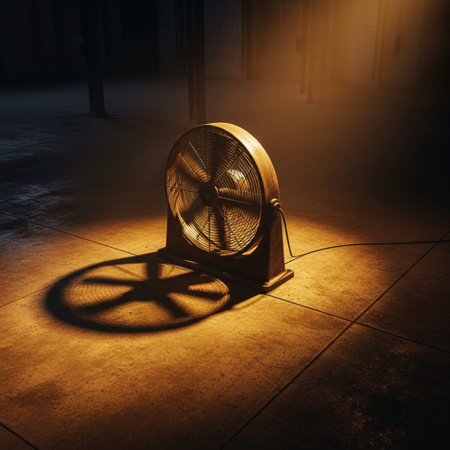 vintage electric fan on the floor in the dark, tonedの素材