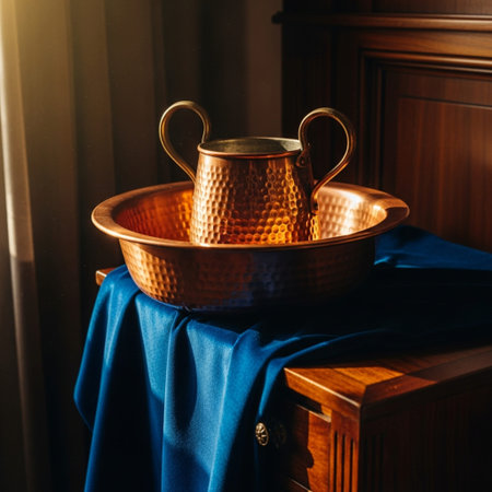 Copper tea cup on a wooden table in the interior of the roomの素材
