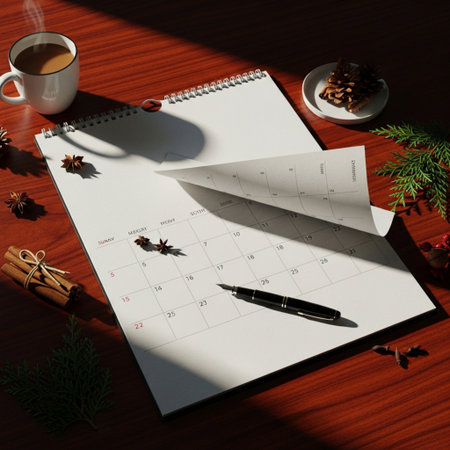Christmas calendar with cup of coffee on wooden table, 3d renderの素材