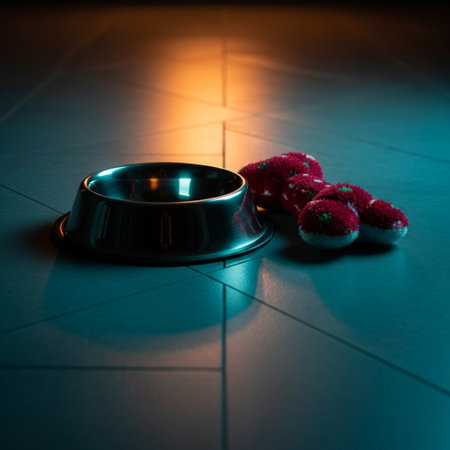 Pet food bowl on the tiled floor. Selective focus.の素材