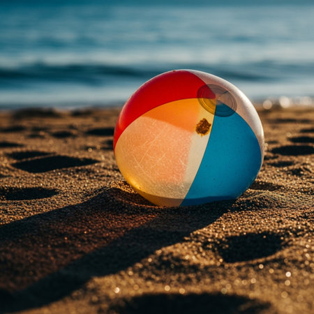 Colorful beach ball on the sand at the sea shore in summerの素材