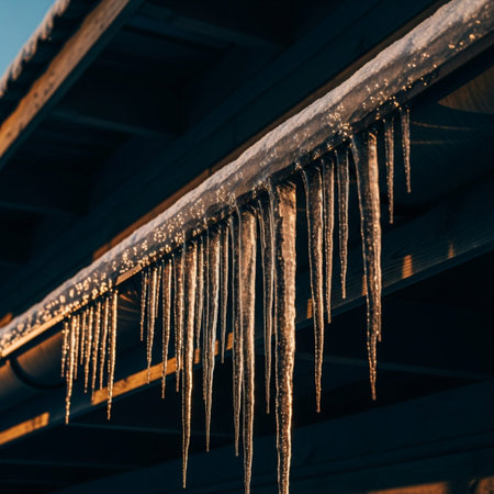 Icicles hanging from the roof of a house in winter.の素材