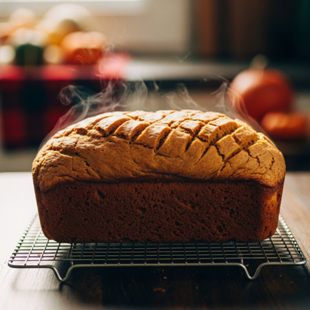 Freshly baked loaf of bread on a baking sheet on a wooden tableの素材