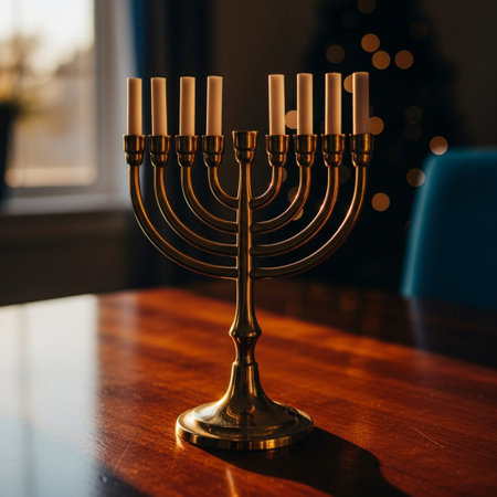 Image of jewish holiday Hanukkah background with menorah (traditional candelabra) and candlesの素材