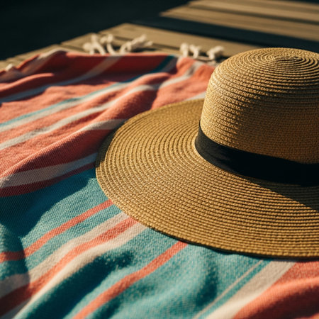 Straw hat on beach towel. Summer vacation and travel concept.の素材