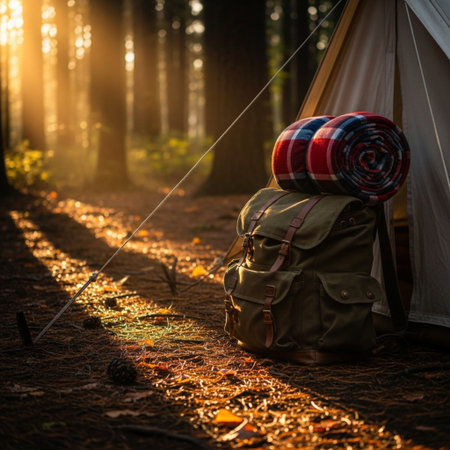Camping tent and backpack in the forest at sunset. Travel conceptの素材