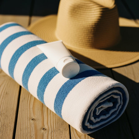 Striped beach towel with hat and sun cream on wooden deckの素材