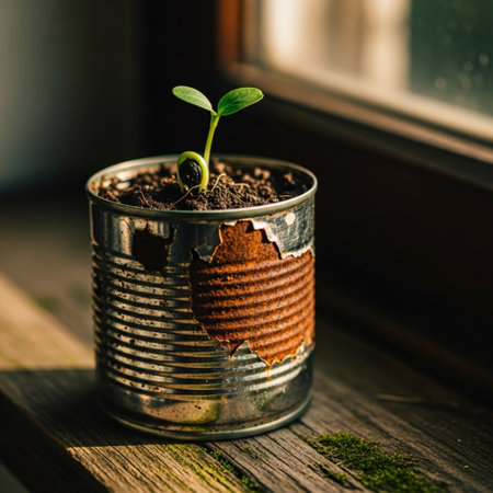 Small seedling in a tin can on a wooden windowsill.の素材
