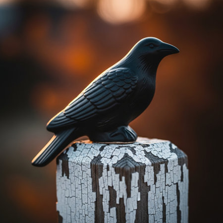 Close up of a black crow sitting on a wooden pole with a blurred backgroundの素材