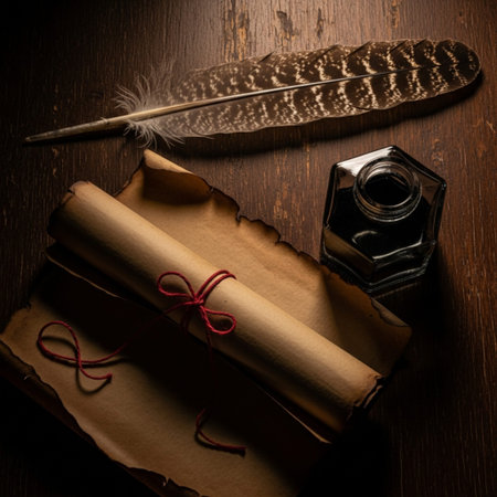 old paper, inkwell and feather on a wooden background. tinting. selective focusの素材
