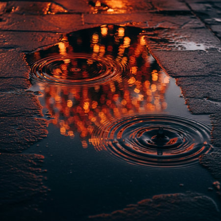 Raindrops on the pavement with reflection of the building in the waterの素材
