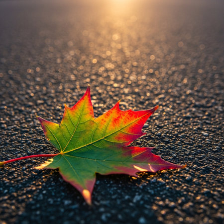 Autumn maple leaf on asphalt road at sunset, selective focus.の素材
