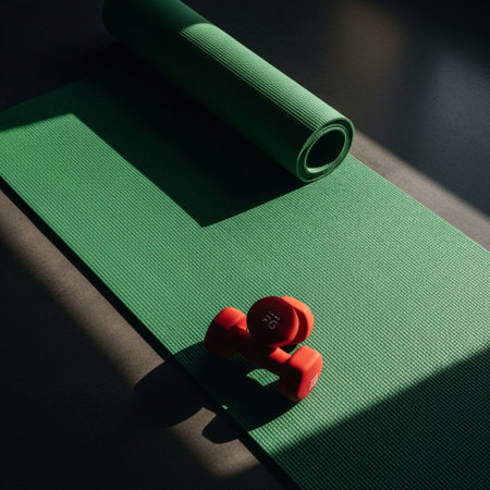 Yoga mat with red dumbbells and yoga mat on dark backgroundの素材