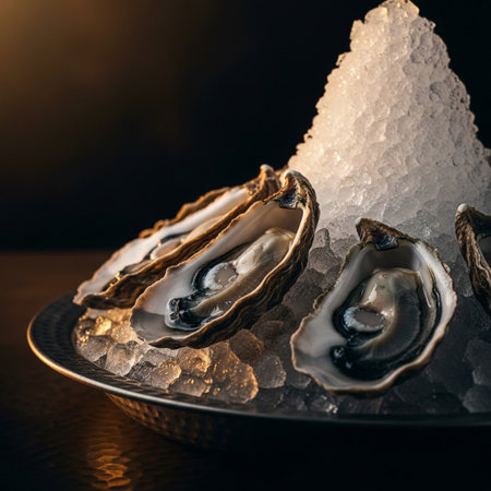 Fresh oysters in ice on black background. Seafood restaurant menuの素材