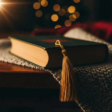 Open book with a golden bookmark on the background of a knitted plaid and a Christmas tree.の素材