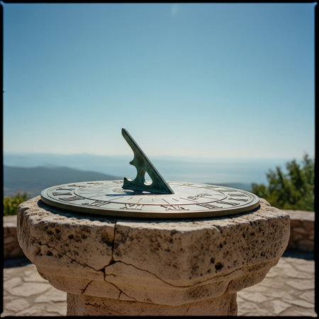 A sundial on a stone column in the garden with a view of the seaの素材