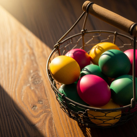 Colorful easter eggs in a basket on wooden table with sunlightの素材