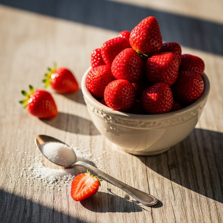 Fresh strawberries in a bowl and spoon on a wooden table. Selective focus.の素材