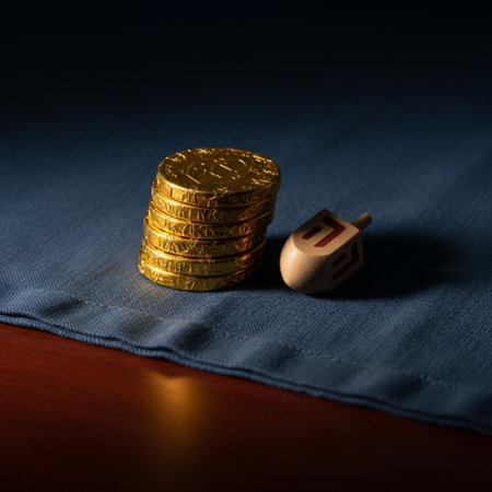 Jewish holiday Hanukkah with a wooden dreidel and coinsの素材