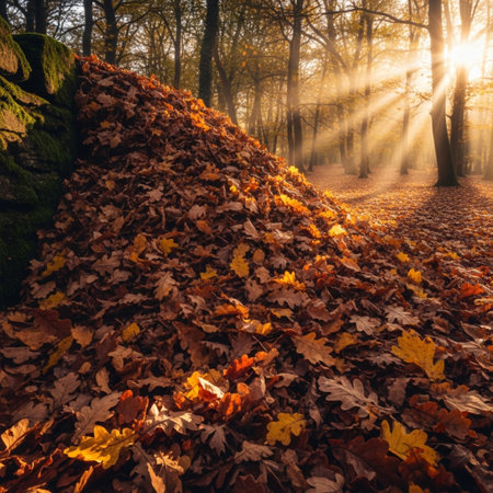 Colorful autumn leaves on the ground in the forest at sunset.の素材