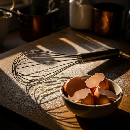 Eggs in a bowl and whisk on a wooden table in the kitchenの素材