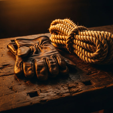 Rope and gloves on a wooden table. Selective focus.の素材