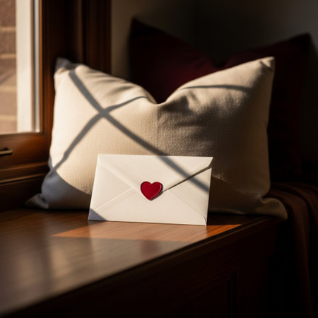 Envelope with a red heart on a bedside table.の素材