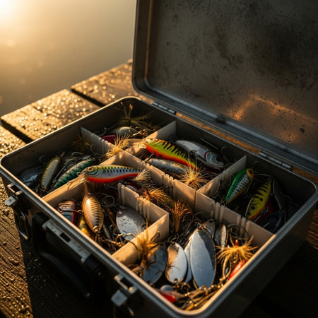 Fishing tackle in a box on a wooden pier at sunset.の素材