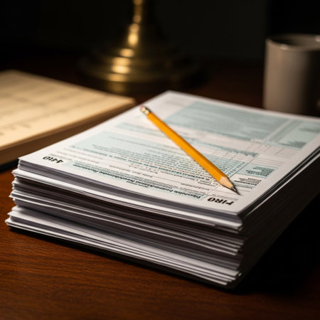 Pencil on a stack of tax forms with a book on the tableの素材