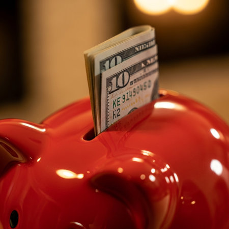 Piggy bank with one dollar banknote on blurred background.の素材