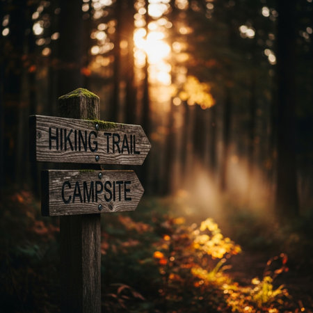 Wooden signpost in the forest with text: Hiking, Camping, Campingの素材