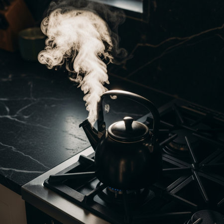Teapot with steam on the gas stove in the kitchen.の素材