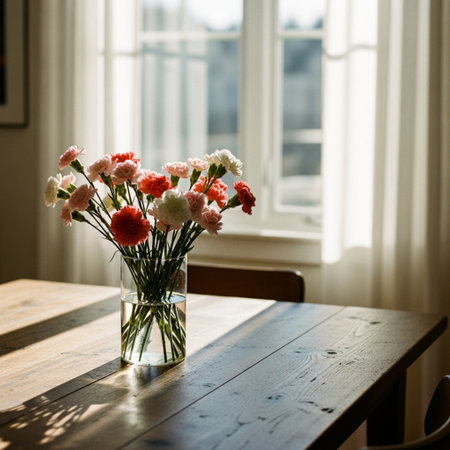 Bouquet of red and white carnation flowers in vase on wooden tableの素材
