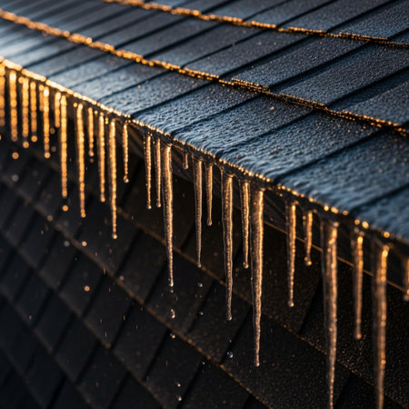 Icicles on the roof of the house. Winter background.の素材