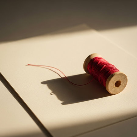 Spool of red thread on a white background with shadow from the sunの素材