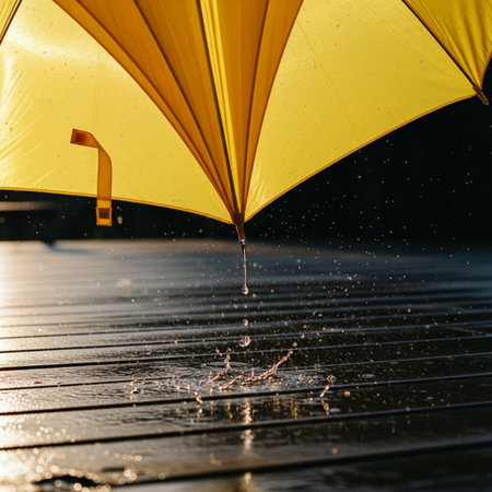 Yellow umbrella with water drops falling on wooden floor. Rainy dayの素材