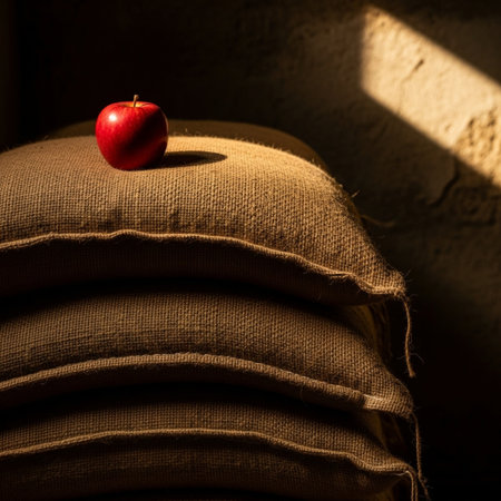 A red apple on a pile of burlap. Shallow depth of fieldの素材