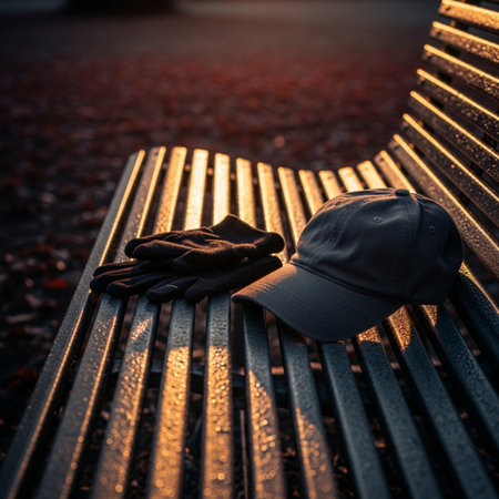 A baseball cap and gloves on a bench in the evening light.の素材