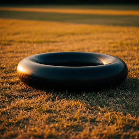 Close-up of a rubber ring on the grass in the evening.の素材