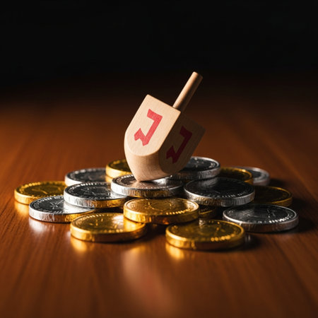 Image of jewish holiday Hanukkah background with wooden dreidel (spinning top) and coinsの素材