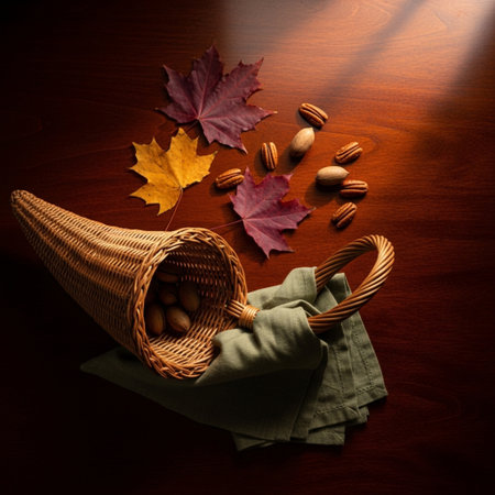 autumn still life with wicker basket, nuts and maple leavesの素材