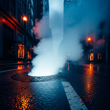 Smoke from a chimney on a street in New York Cityの素材